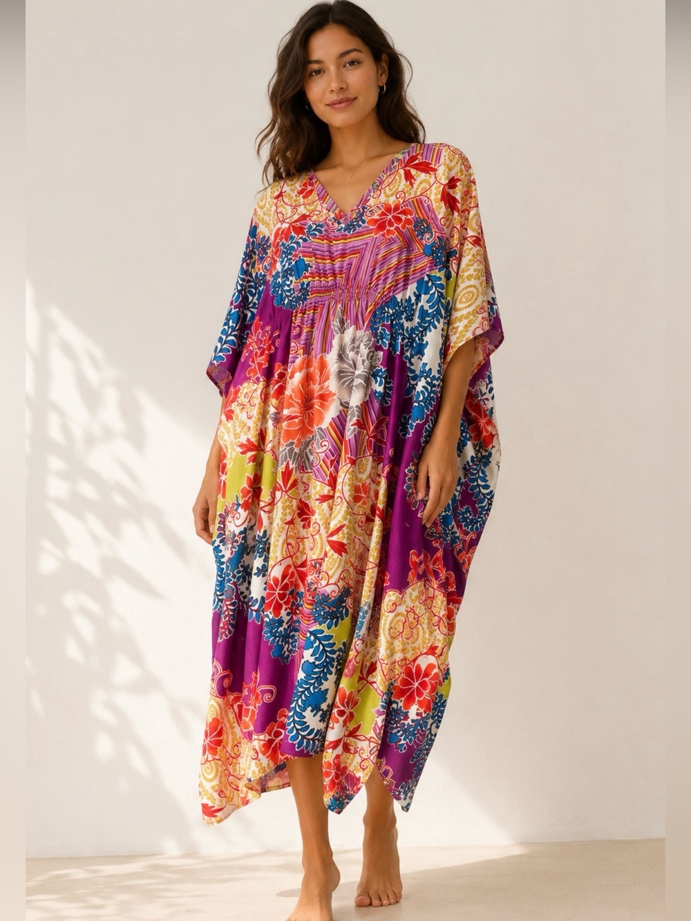 Natori Multicolor Floral V-Neck Maxi Caftan Dress